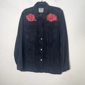 Denim Co Womens 10 Black Denim Jacket Red Rose Patch Studded Trucker Boyfriend